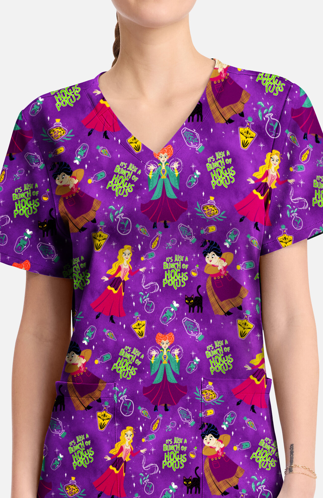 Women's Bunch Of Hocus Pocus Print Scrub Top, , large