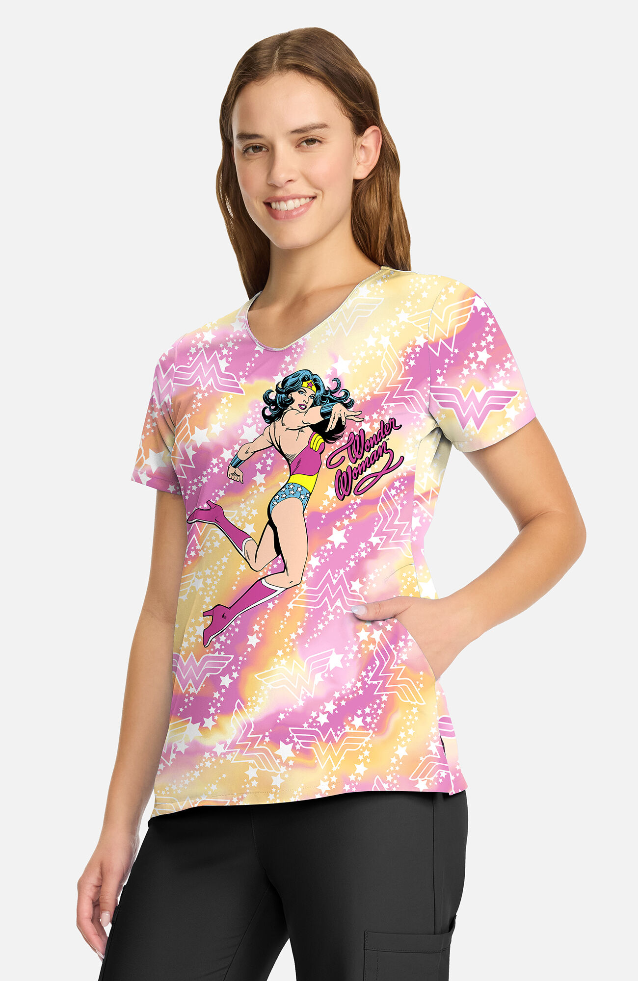 Women's Tiger Tie Dye Wonder Woman Print Scrub Top, , large