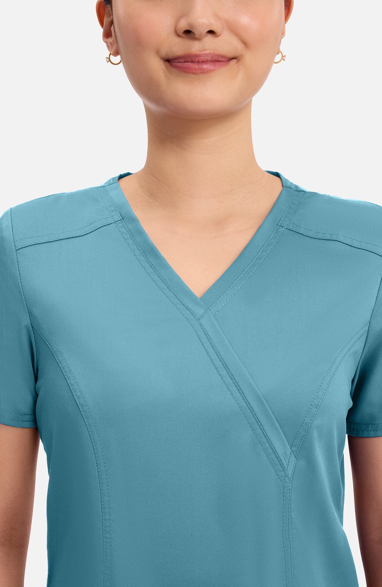 Women's Shaped 3-Pocket Mock Wrap Scrub Top, STM Soft Marine | teal, large