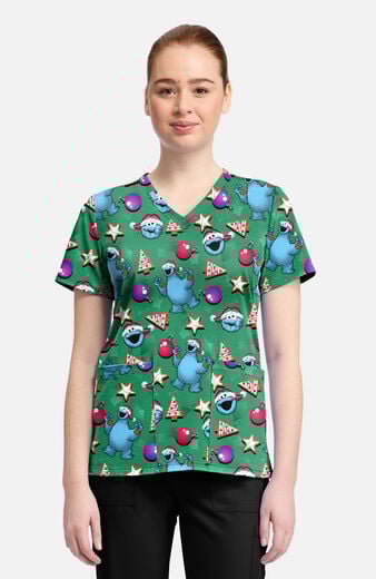 Women's Christmas Cookie Monster Print Scrub Top Women's Christmas Cookie Monster Print Scrub Top