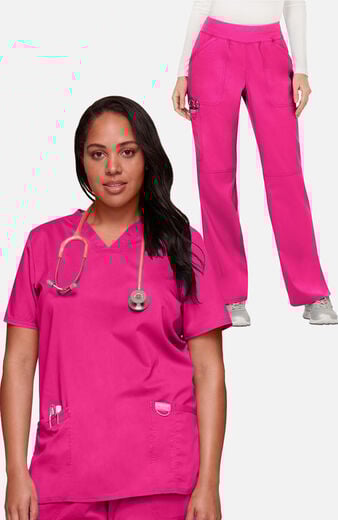 Women's Scrub Set: 3-Pocket V-Neck Stretch Top & Elastic Waist Cargo Pocket Pant Women's Scrub Set: 3-Pocket V-Neck Stretch Top & Elastic Waist Cargo Pocket Pant