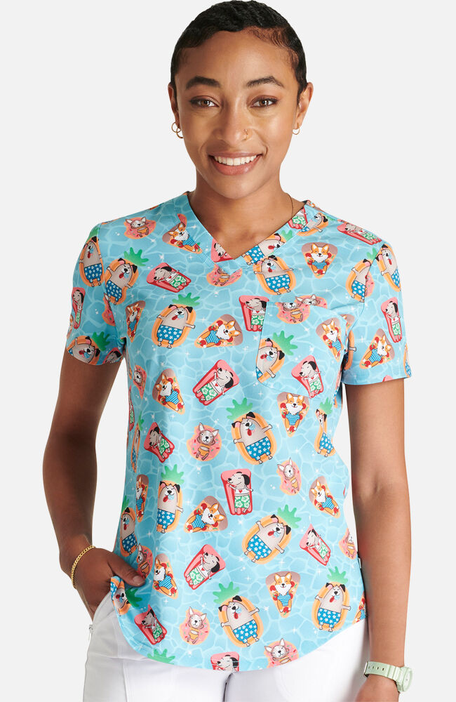 Women s Tuckable Pool Paw rty Print Scrub Top Cherokee Uniforms
