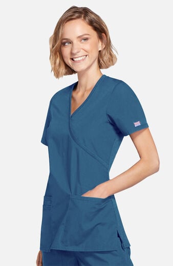 Women's Mock Wrap Knit Panel Solid Scrub Top Women's Mock Wrap Knit Panel Solid Scrub Top