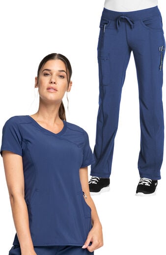 Women's Scrub set: 4-Pocket Knit Panel Mock Wrap Top & Rib Knit Drawstring Waist Pant Women's Scrub set: 4-Pocket Knit Panel Mock Wrap Top & Rib Knit Drawstring Waist Pant