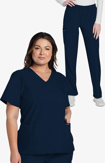 Women's Scrub Set: Rounded V-Neck Top & Pull-On Slim Leg Cargo Pant Women's Scrub Set: Rounded V-Neck Top & Pull-On Slim Leg Cargo Pant