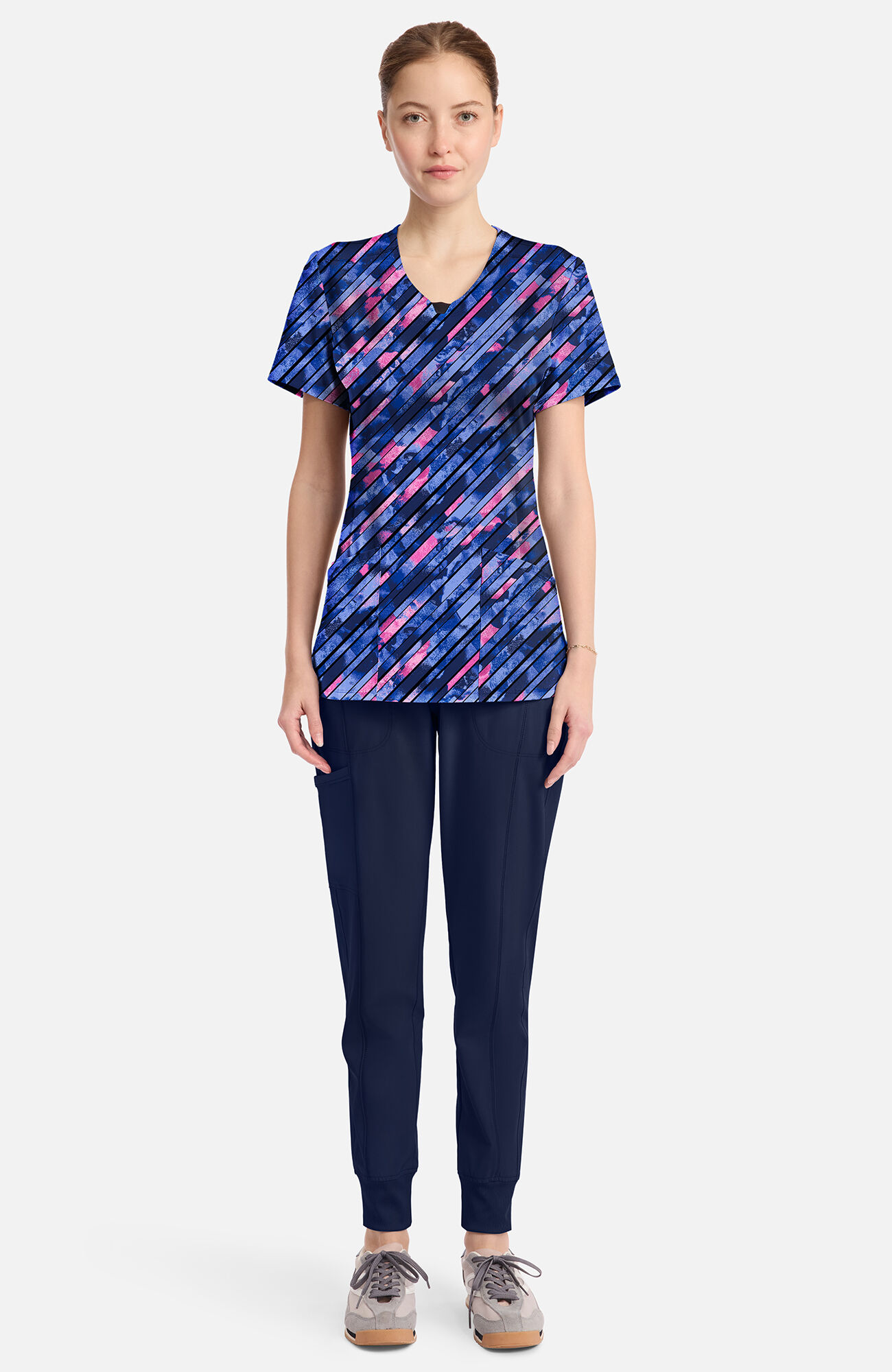 Women's Round Neck Staggered Marble Print Scrub Top