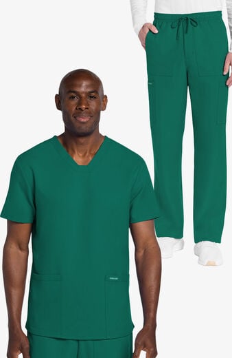 Men's Scrub Set: 2-Pocket Squared V-Neck Top & Zip Fly Cargo Straight Leg Pant Men's Scrub Set: 2-Pocket Squared V-Neck Top & Zip Fly Cargo Straight Leg Pant