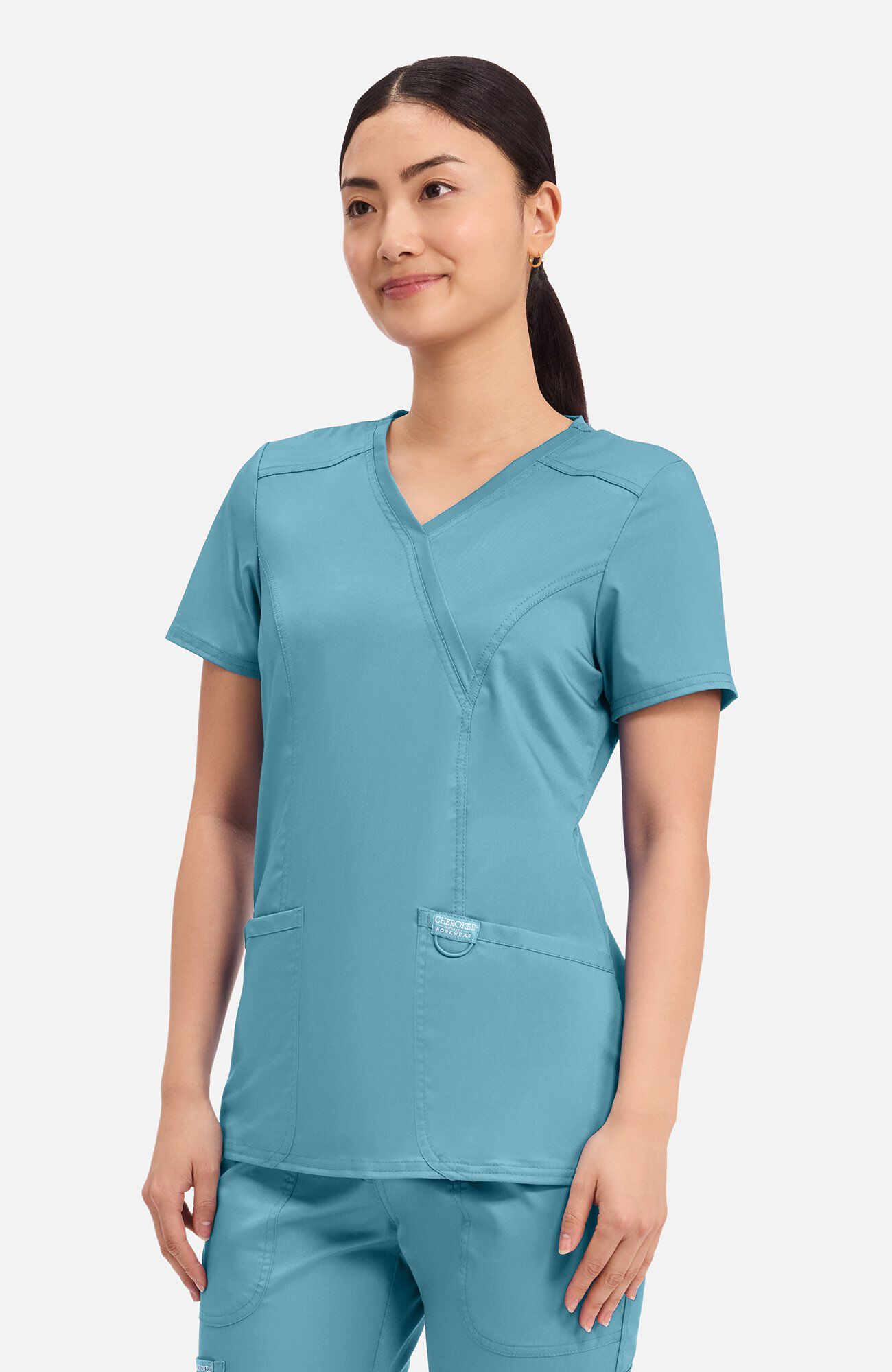 Women's Shaped 3-Pocket Mock Wrap Scrub Top, STM Soft Marine | teal, large