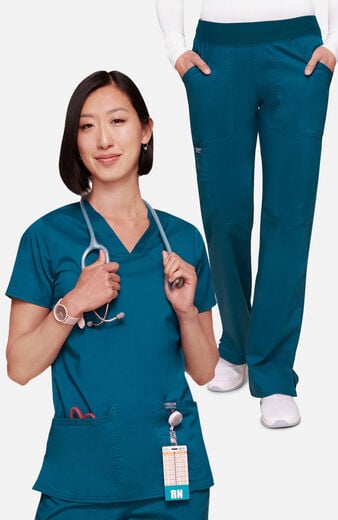 Women's Scrub Set: 3-Pocket V-Neck Stretch Top & Elastic Waist Cargo Pocket Pant Women's Scrub Set: 3-Pocket V-Neck Stretch Top & Elastic Waist Cargo Pocket Pant