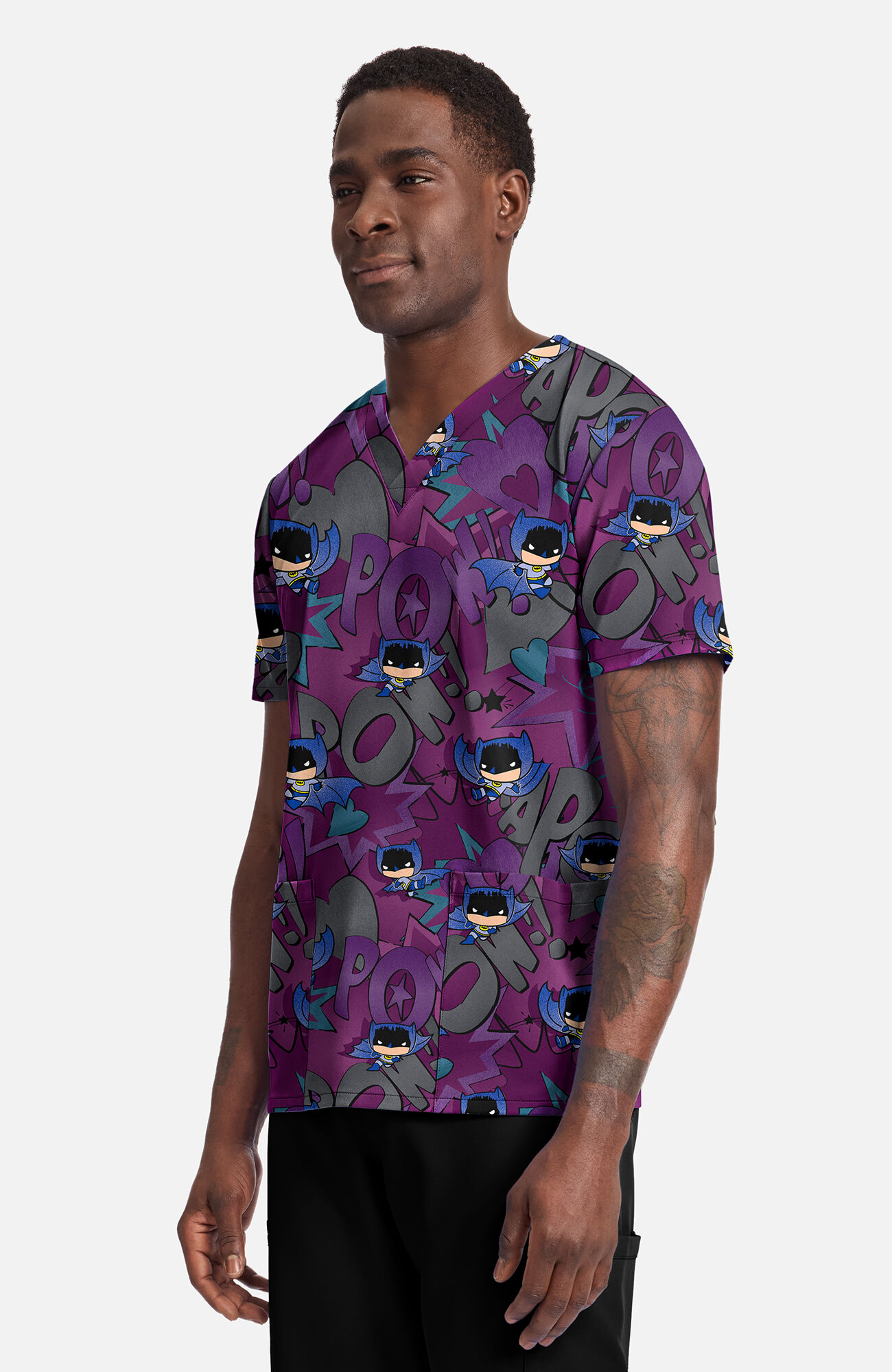 Men's Comic Hero Print Scrub Top, , large