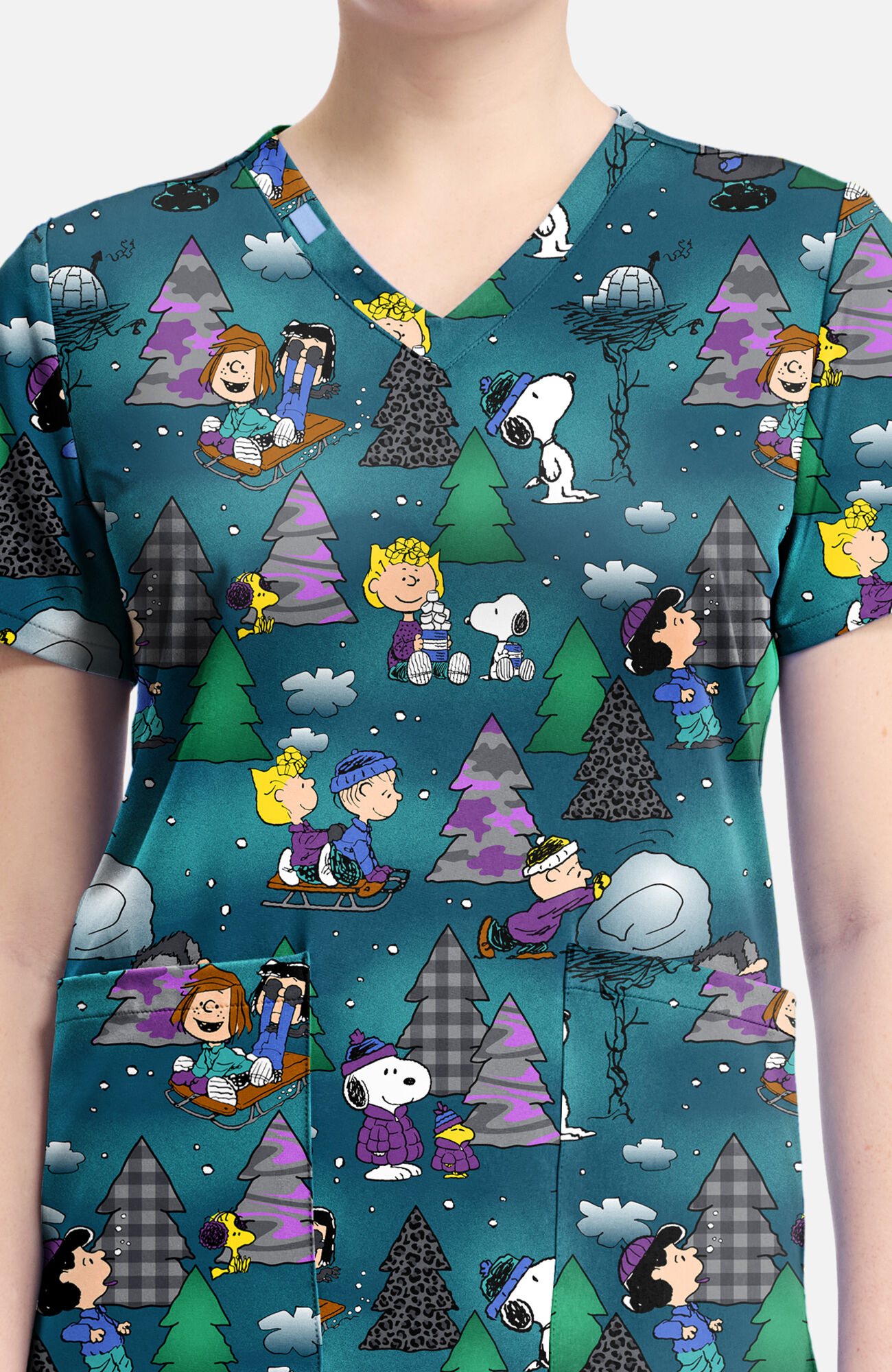 Women's Snoopy Winter Forest Print Scrub Top, , large