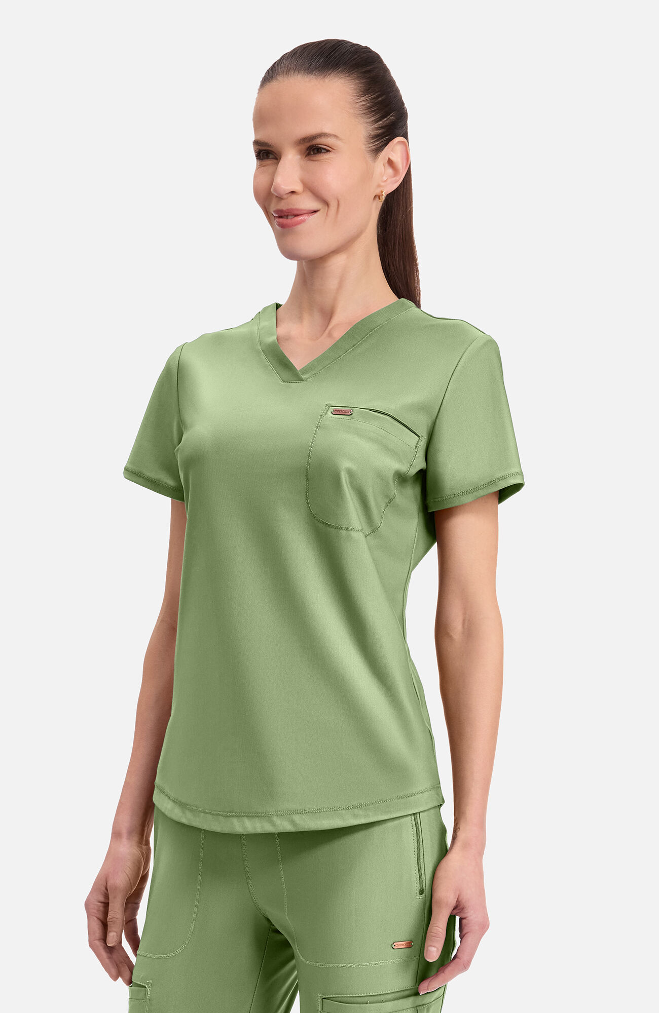 Women's Tuck-In Knit Mesh V-Neck Scrub Top, BRS Bright Sage | olive, large