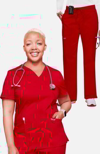 Women's Scrub Set: Shaped 3-Pocket Mock Wrap Top & Drawstring Flare Pant Women's Scrub Set: Shaped 3-Pocket Mock Wrap Top & Drawstring Flare Pant