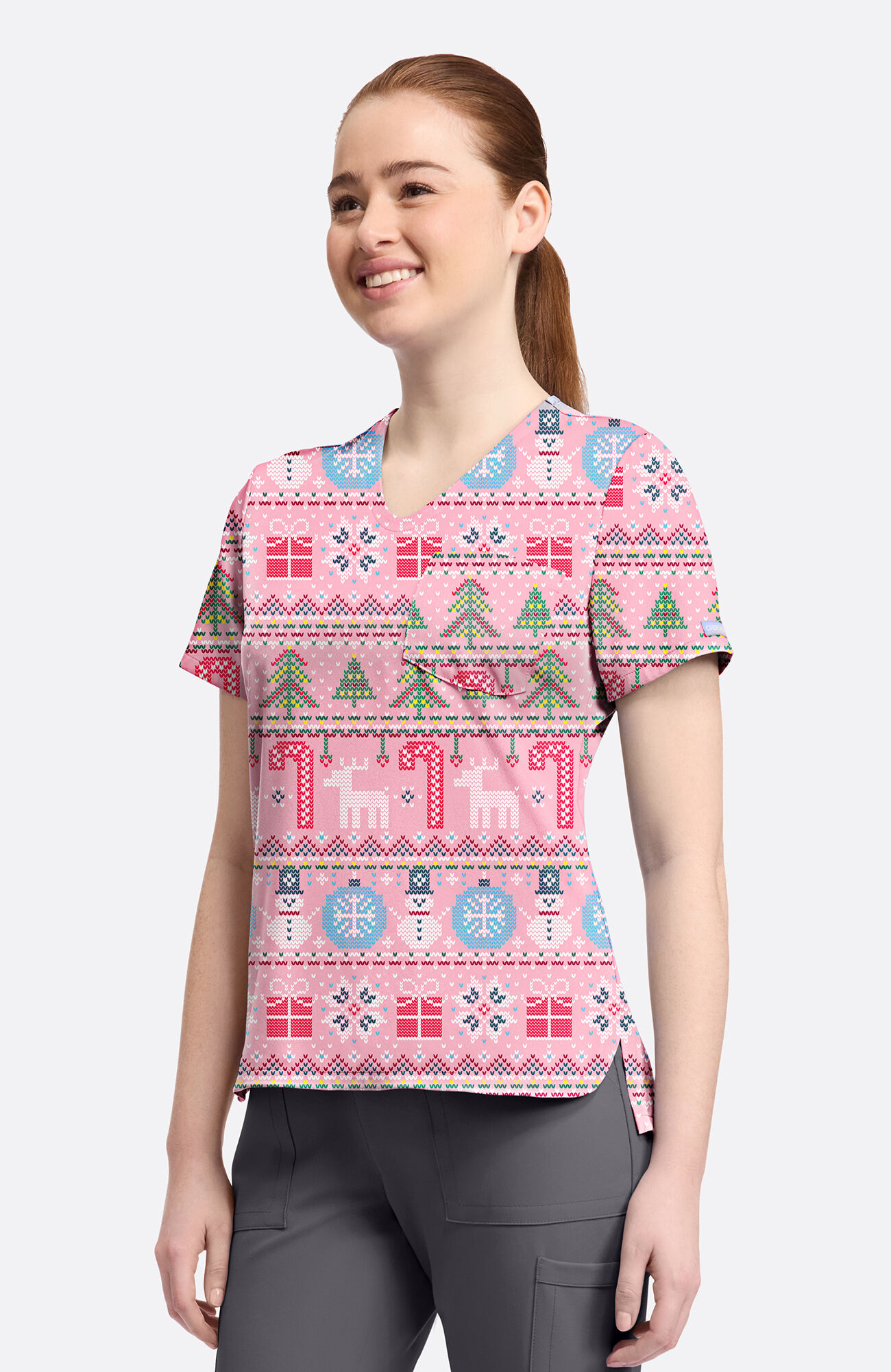 Women's Festive Fair Isle Print Scrub Top, , large