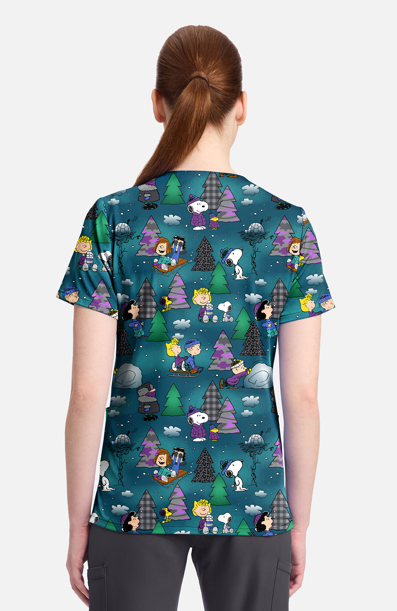 Women's Snoppy Winter Forest Print Scrub Top, , large