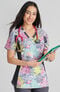 Clearance Women's V-Neck Knit Panel Birds of Paradise Print Scrub Top, , large