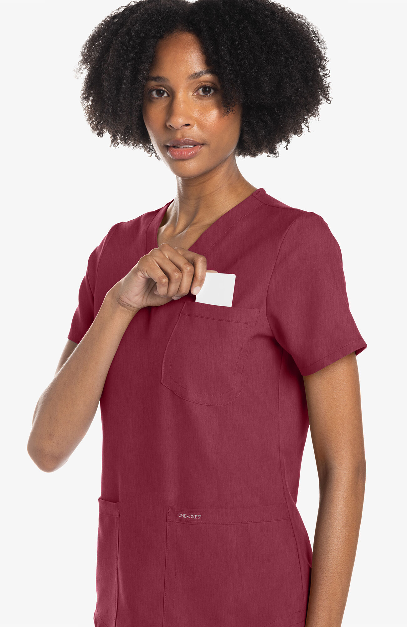 Women's 3-Pocket V-Neck Shirttail Scrub Top, HEC Heather Cranberry | red, large