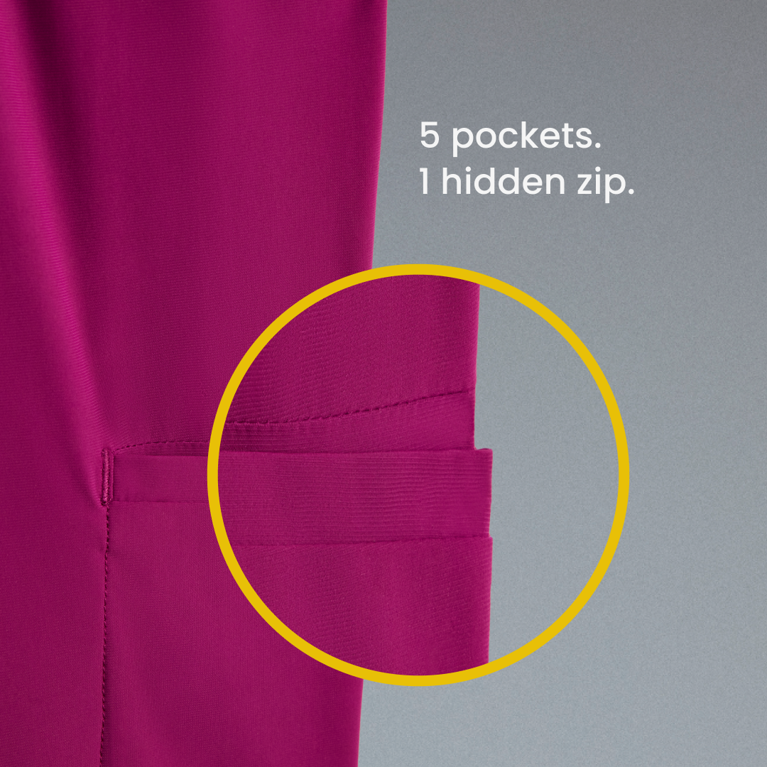 5 pockets. 1 hidden zip.