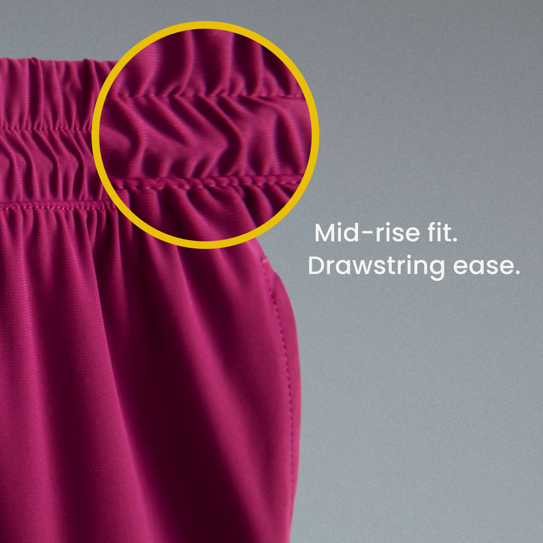 Mid-rise fit. Drawstring ease.