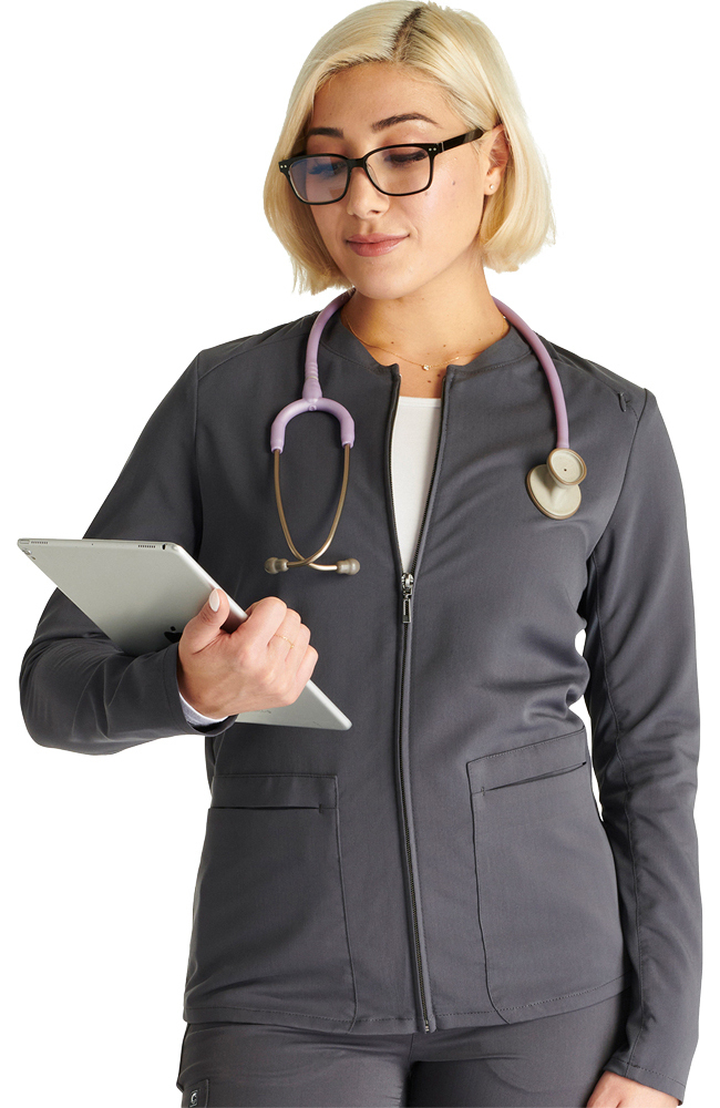 Mサイズ / USS2 Oblique W-Zip JKT Dark gray Women's 2 Pocket Zip Front Scrub Jacket | Cherokee Uniforms