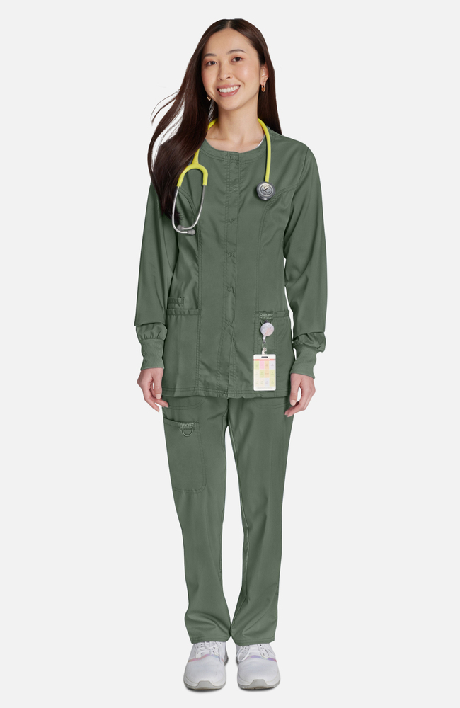 Women's Snap Front Scrub Jacket with Rib Knit Cuffs| Cherokee Women's Snap Front Scrub Jacket with Rib Knit Cuffs| Cherokee