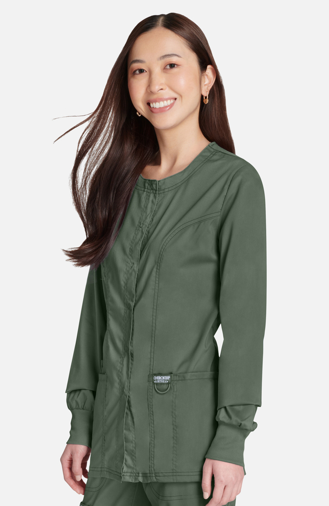Women's Snap Front Scrub Jacket with Rib Knit Cuffs| Cherokee Women's Snap Front Scrub Jacket with Rib Knit Cuffs| Cherokee